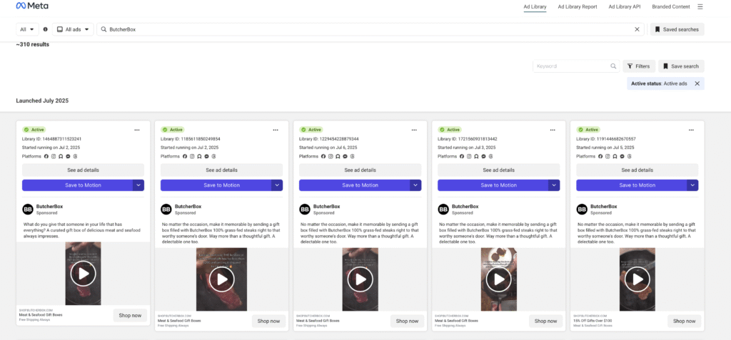 Screenshot of ButcherBox Facebook Ad Library wiht 310 ad creatives.